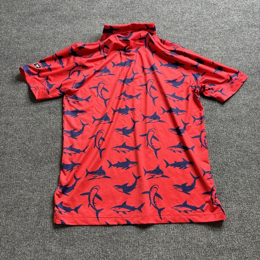 Waggle Polo Shirt Men's Large Red Shark Print Golf Performance Stretch Ocean‎ - Picture 7 of 8